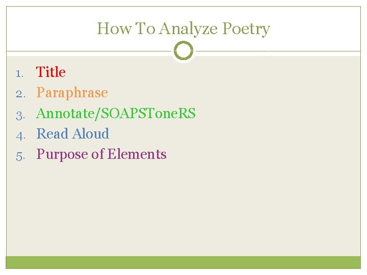 How To Analyze Poetry 1. Title 2. Paraphrase 3. Annotate/SOAPSTone. RS 4. Read Aloud