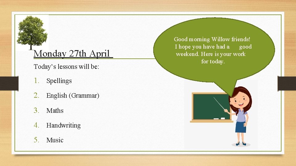 Monday 27 th April Today’s lessons will be: 1. Spellings 2. English (Grammar) 3.