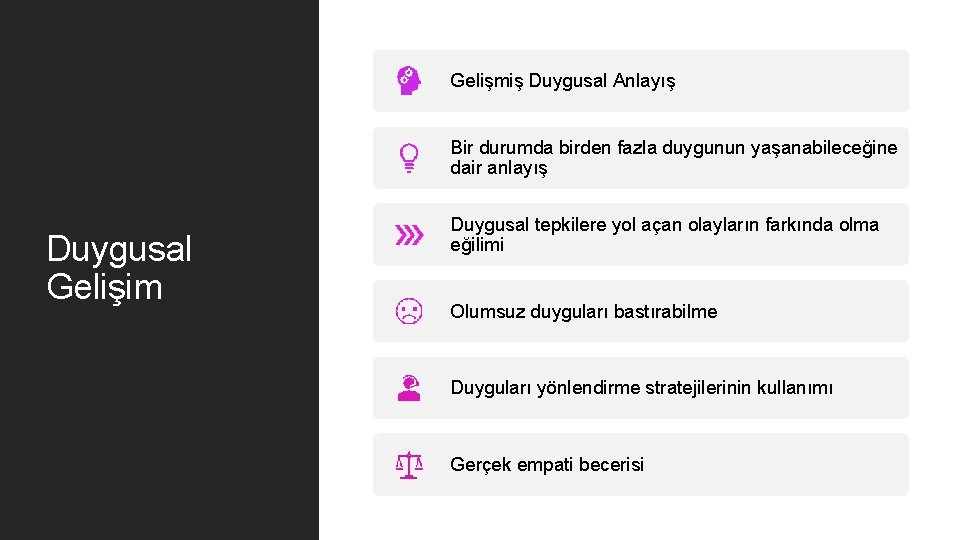 Gelişmiş Duygusal Anlayış Bir durumda birden fazla duygunun yaşanabileceğine dair anlayış Duygusal Gelişim Duygusal