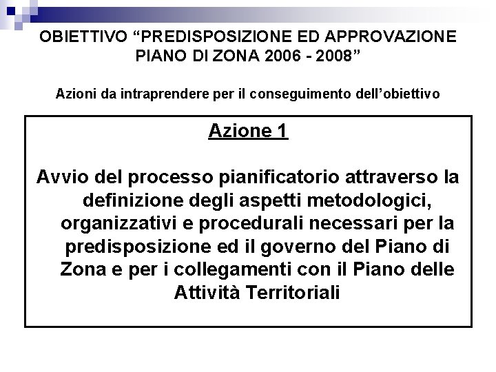 OBIETTIVO “PREDISPOSIZIONE ED APPROVAZIONE PIANO DI ZONA 2006 - 2008” Azioni da intraprendere per