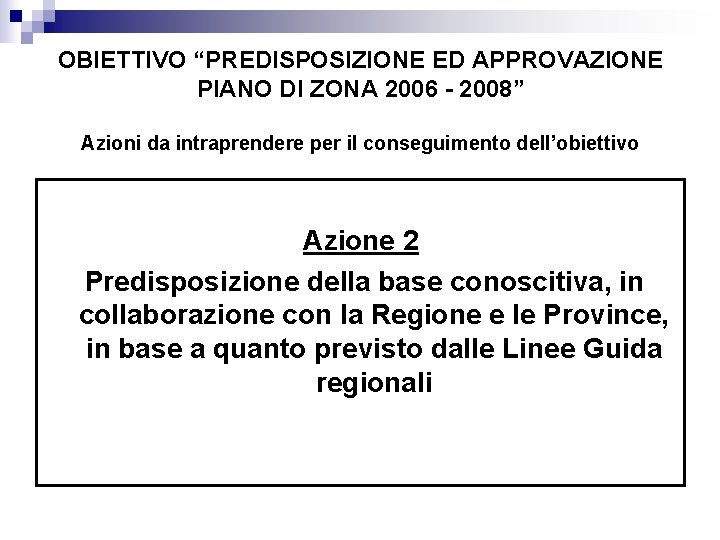 OBIETTIVO “PREDISPOSIZIONE ED APPROVAZIONE PIANO DI ZONA 2006 - 2008” Azioni da intraprendere per