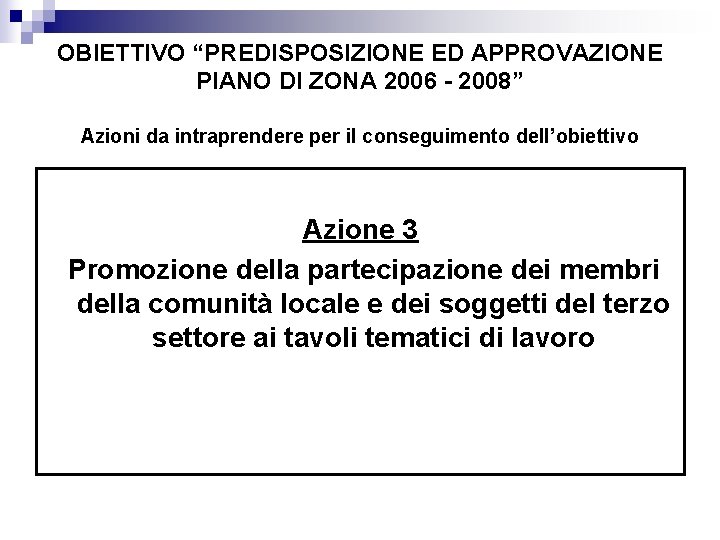 OBIETTIVO “PREDISPOSIZIONE ED APPROVAZIONE PIANO DI ZONA 2006 - 2008” Azioni da intraprendere per