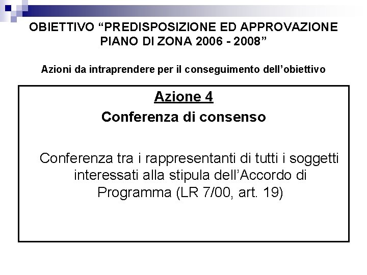 OBIETTIVO “PREDISPOSIZIONE ED APPROVAZIONE PIANO DI ZONA 2006 - 2008” Azioni da intraprendere per