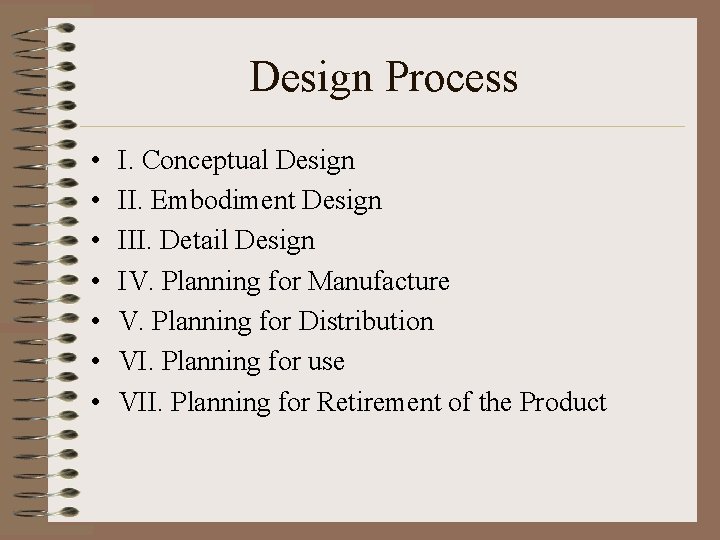 Design Process • • I. Conceptual Design II. Embodiment Design III. Detail Design IV. Design Process • • I. Conceptual Design II. Embodiment Design III. Detail Design IV.