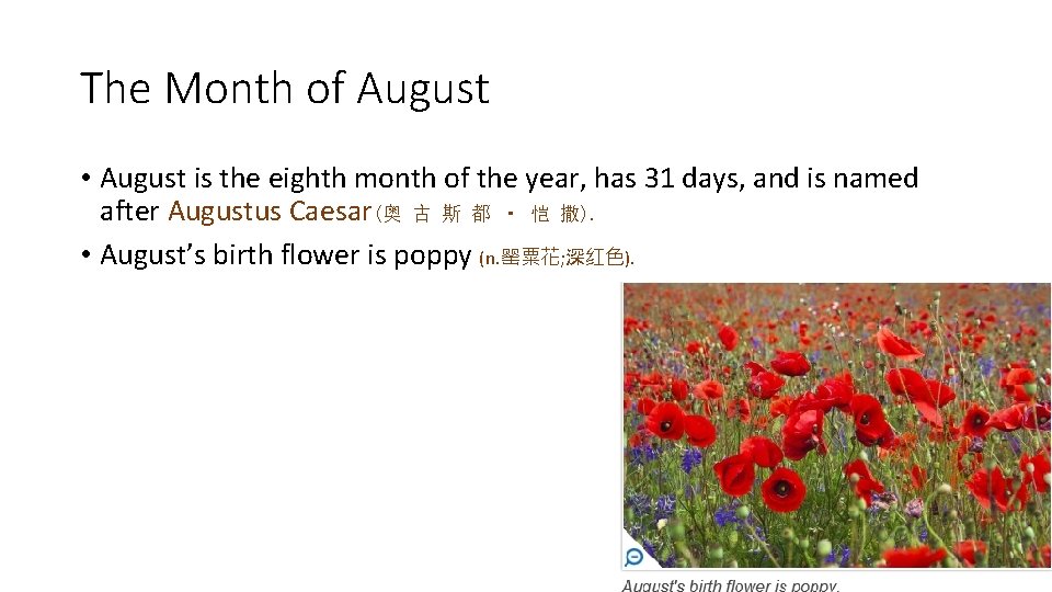 The Month of August • August is the eighth month of the year, has