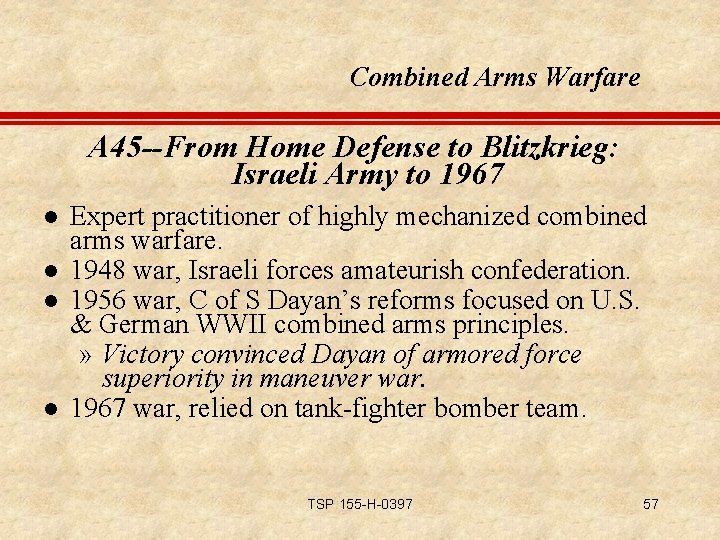 Combined Arms Warfare A 45 --From Home Defense to Blitzkrieg: Israeli Army to 1967