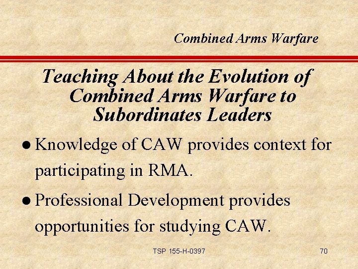Combined Arms Warfare Teaching About the Evolution of Combined Arms Warfare to Subordinates Leaders