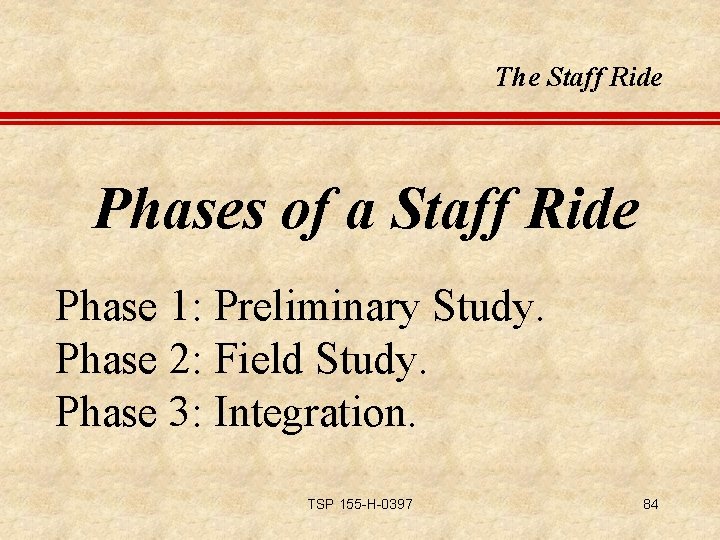 The Staff Ride Phases of a Staff Ride Phase 1: Preliminary Study. Phase 2: