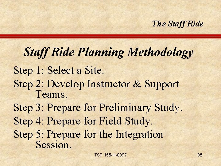 The Staff Ride Planning Methodology Step 1: Select a Site. Step 2: Develop Instructor