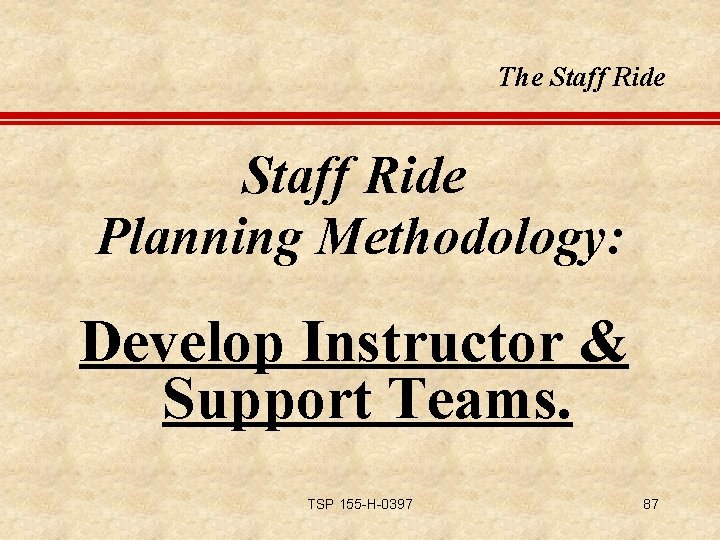 The Staff Ride Planning Methodology: Develop Instructor & Support Teams. TSP 155 -H-0397 87