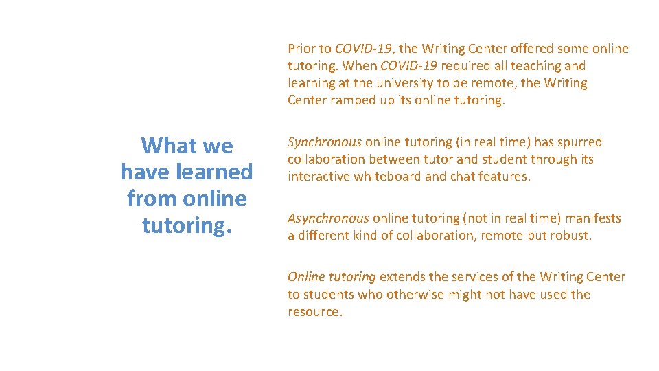 Prior to COVID-19, the Writing Center offered some online tutoring. When COVID-19 required all