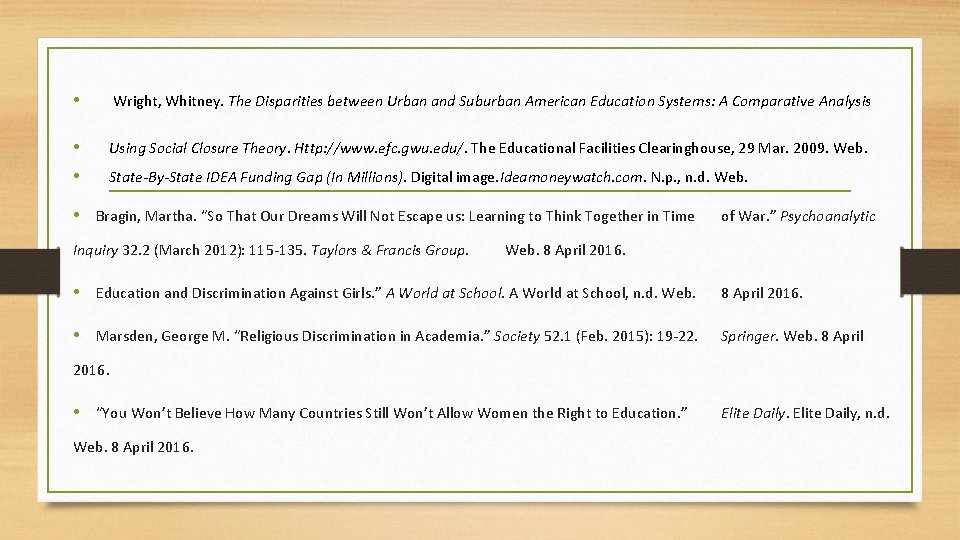  • Wright, Whitney. The Disparities between Urban and Suburban American Education Systems: A