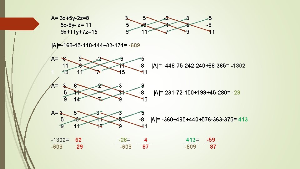 A= 3 x+5 y-2 z=8 5 x-8 y- z= 11 9 x+11 y+7 z=15