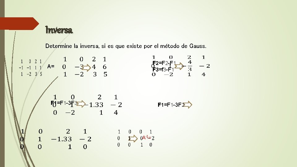 Inversa Determine la inversa, si es que existe por el método de Gauss. F