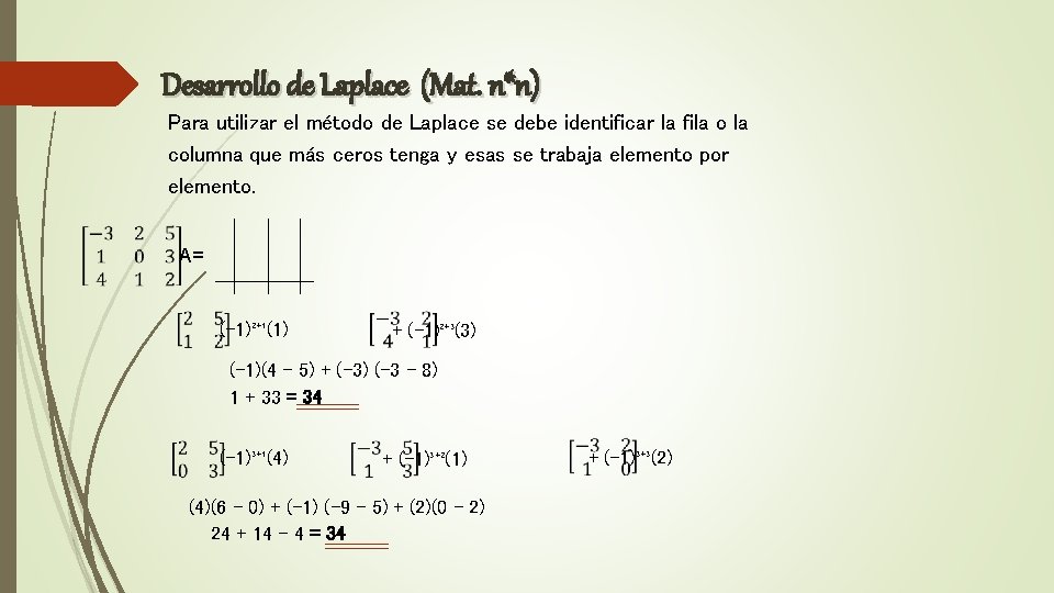 Desarrollo de Laplace (Mat. n*n) Para utilizar el método de Laplace se debe identificar