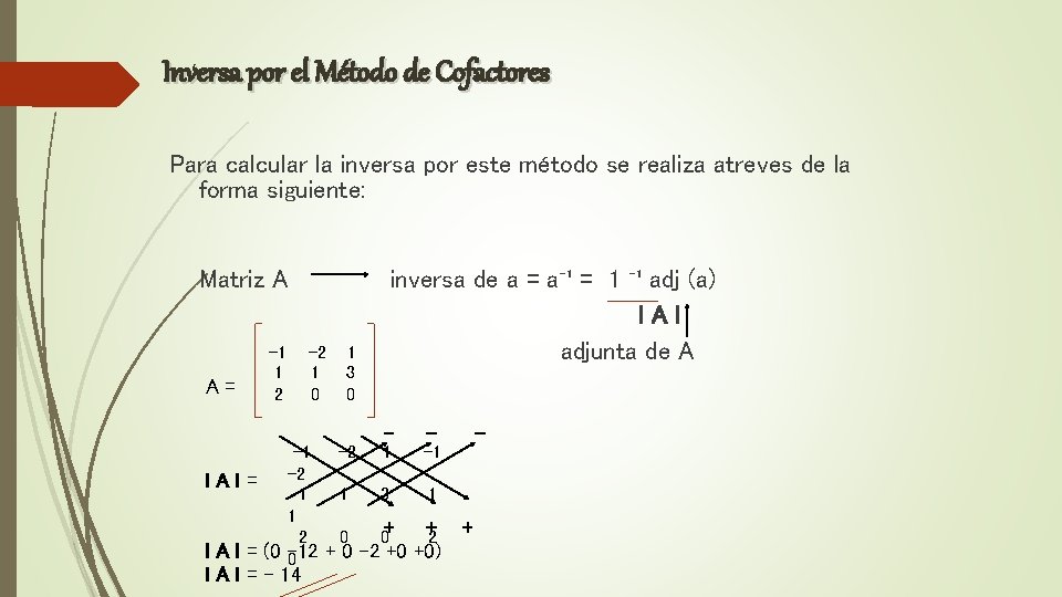 Inversa por el Método de Cofactores Para calcular la inversa por este método se