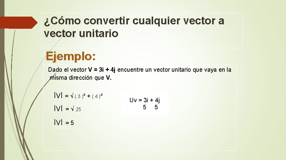 ¿Cómo convertir cualquier vector a vector unitario Ejemplo: Dado el vector V = 3