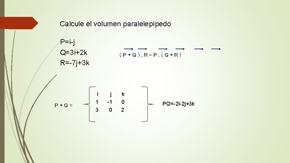 Calcule el volumen paralelepípedo P=i-j Q=3 i+2 k R=-7 j+3 k P*Q= (P*Q). R=P.