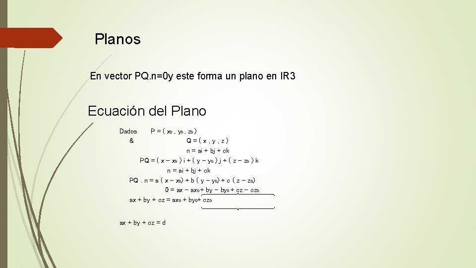 Planos En vector PQ. n=0 y este forma un plano en IR 3 Ecuación