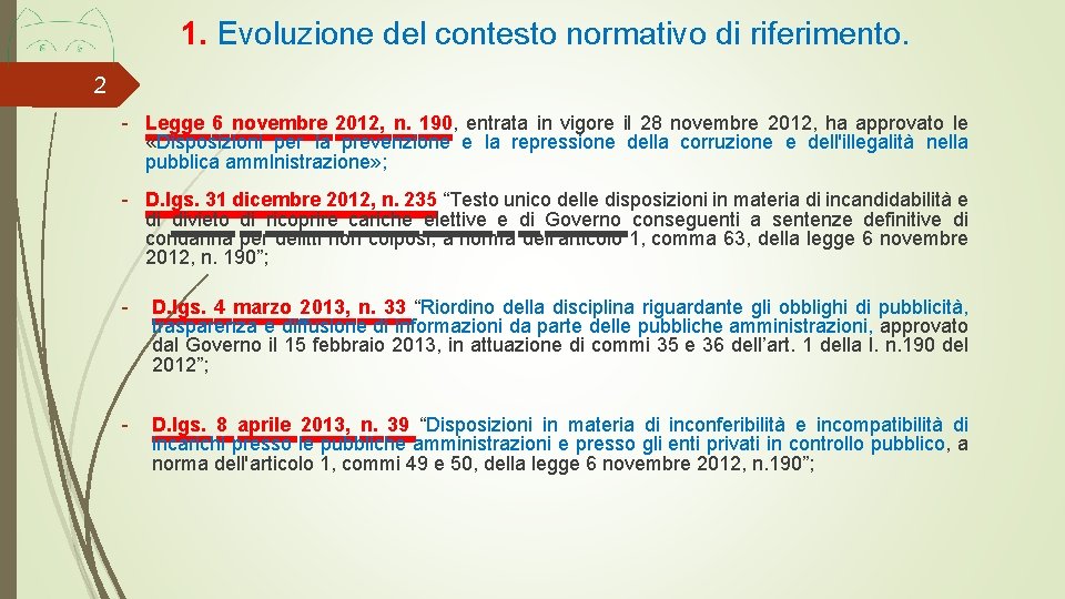 1. Evoluzione del contesto normativo di riferimento. 2 - Legge 6 novembre 2012, n.