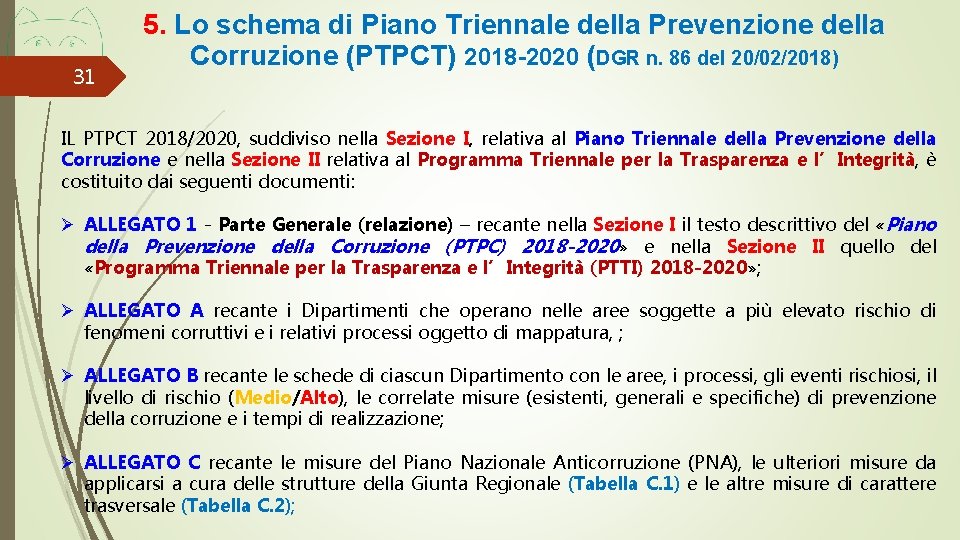 31 5. Lo schema di Piano Triennale della Prevenzione della Corruzione (PTPCT) 2018 -2020