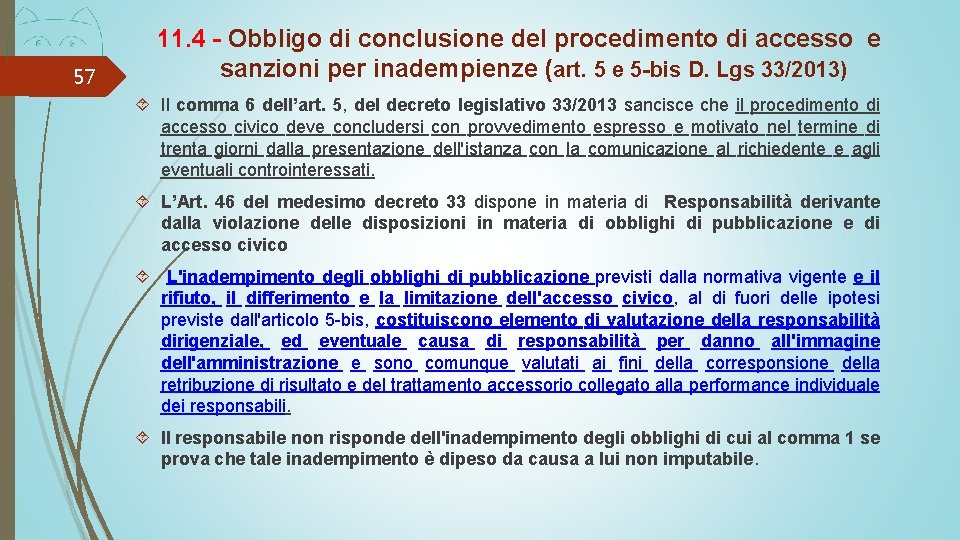 57 11. 4 - Obbligo di conclusione del procedimento di accesso e sanzioni per