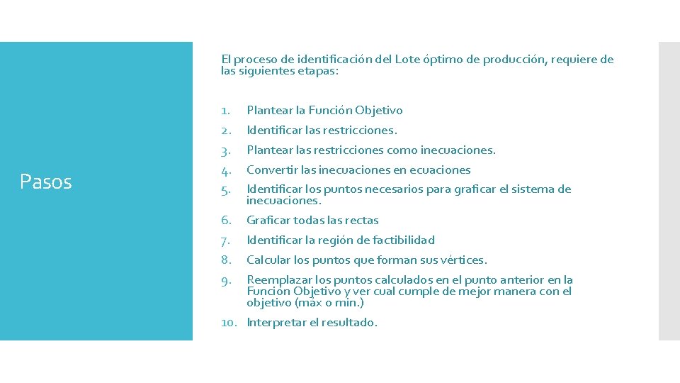 El proceso de identificación del Lote óptimo de producción, requiere de las siguientes etapas: