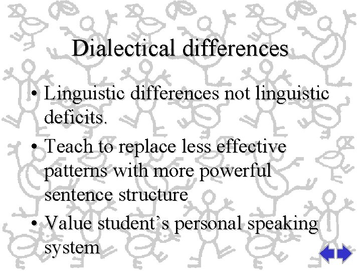 Dialectical differences • Linguistic differences not linguistic deficits. • Teach to replace less effective