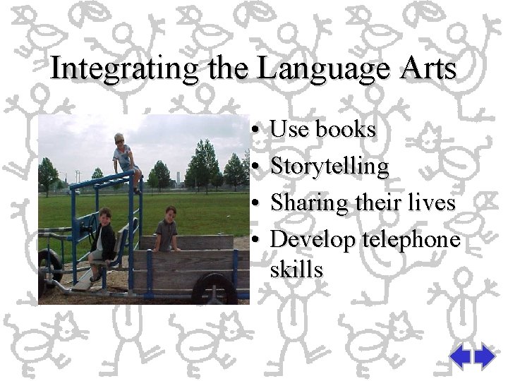 Integrating the Language Arts • • Use books Storytelling Sharing their lives Develop telephone