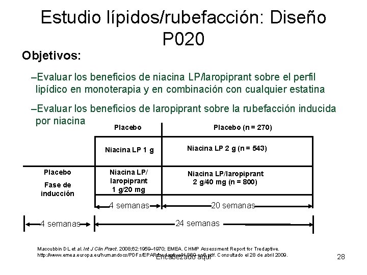 Estudio lípidos/rubefacción: Diseño P 020 Objetivos: –Evaluar los beneficios de niacina LP/laropiprant sobre el