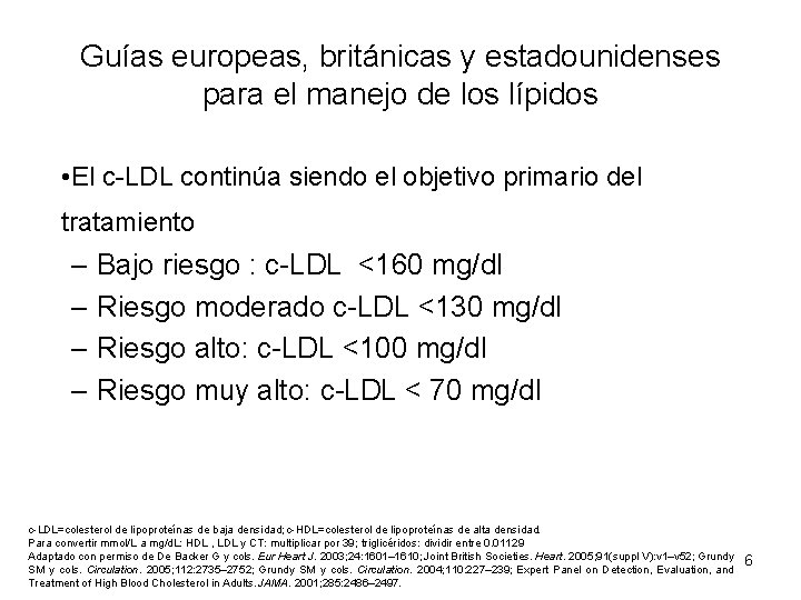 Guías europeas, británicas y estadounidenses para el manejo de los lípidos • El c-LDL