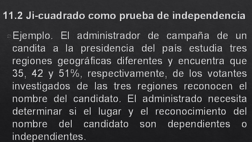 11. 2 Ji-cuadrado como prueba de independencia Ejemplo. El administrador de campaña de un