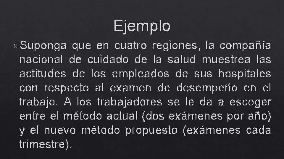 Ejemplo Suponga que en cuatro regiones, la compañía nacional de cuidado de la salud