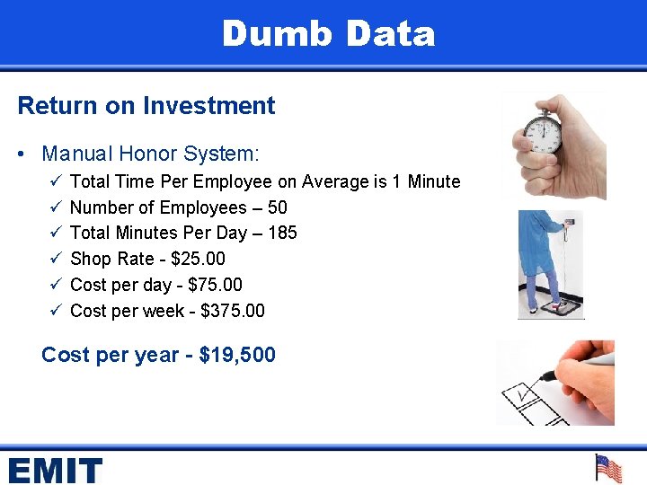 Dumb Data Return on Investment • Manual Honor System: ü ü ü Total Time