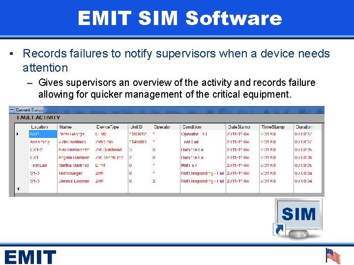 EMIT SIM Software • Records failures to notify supervisors when a device needs attention