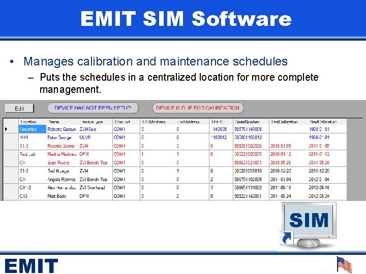 EMIT SIM Software • Manages calibration and maintenance schedules – Puts the schedules in