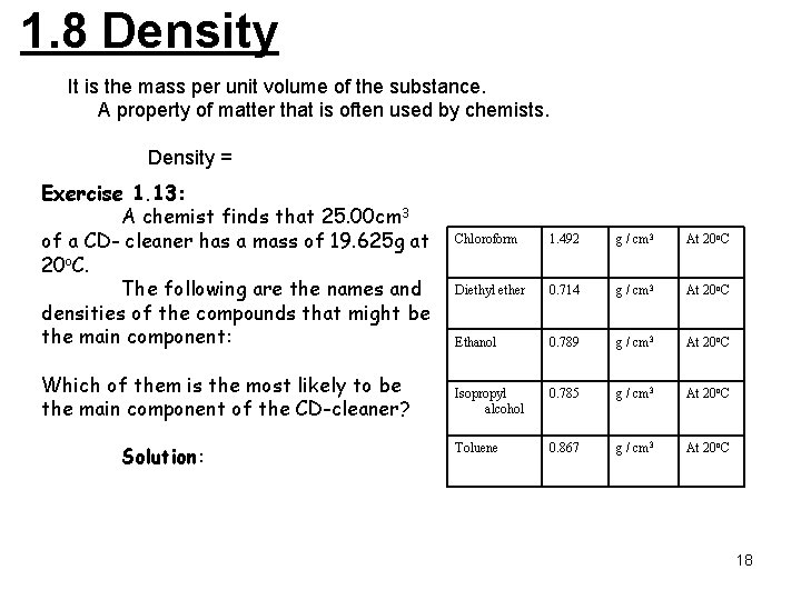 1. 8 Density It is the mass per unit volume of the substance. A