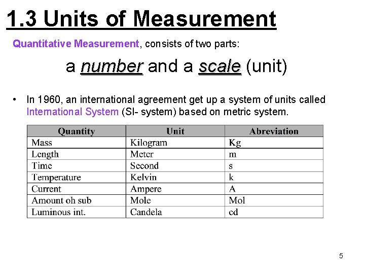 1. 3 Units of Measurement Quantitative Measurement, consists of two parts: a number and