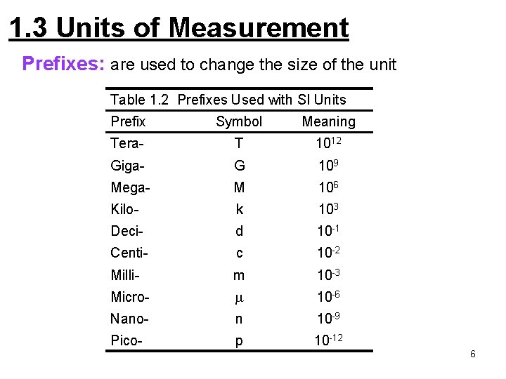 1. 3 Units of Measurement Prefixes: are used to change the size of the