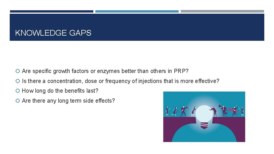 KNOWLEDGE GAPS Are specific growth factors or enzymes better than others in PRP? Is