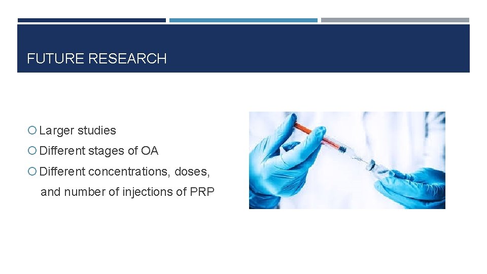 FUTURE RESEARCH Larger studies Different stages of OA Different concentrations, doses, and number of