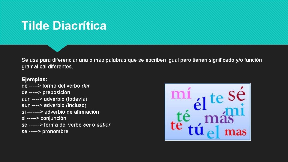 Tilde Diacrítica Se usa para diferenciar una o más palabras que se escriben igual