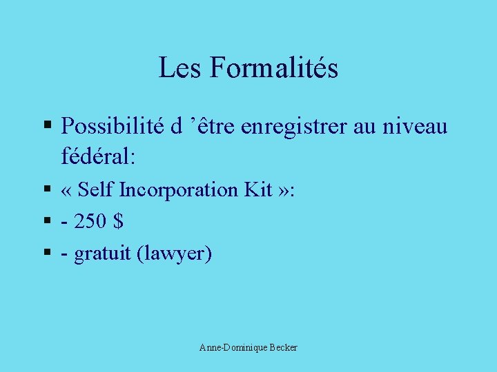 Les Formalités § Possibilité d ’être enregistrer au niveau fédéral: § « Self Incorporation