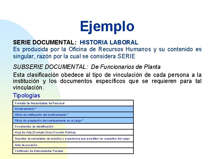 Ejemplo SERIE DOCUMENTAL: HISTORIA LABORAL Es producida por la Oficina de Recursos Humanos y