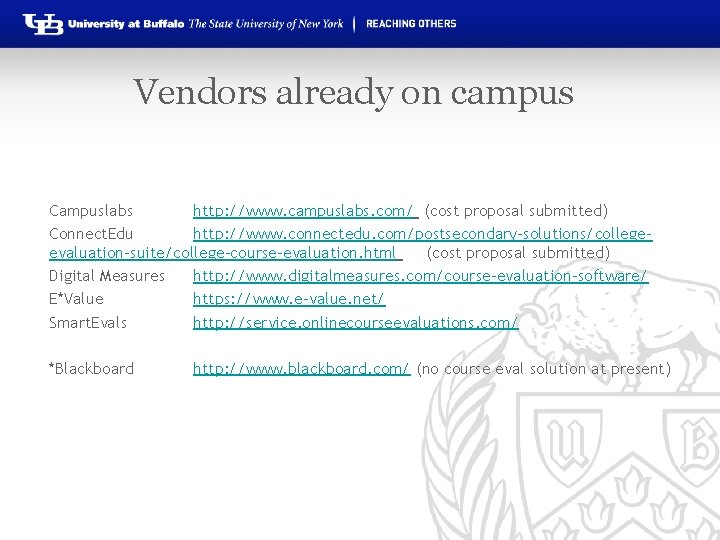 Vendors already on campus Campuslabs http: //www. campuslabs. com/ (cost proposal submitted) Connect. Edu