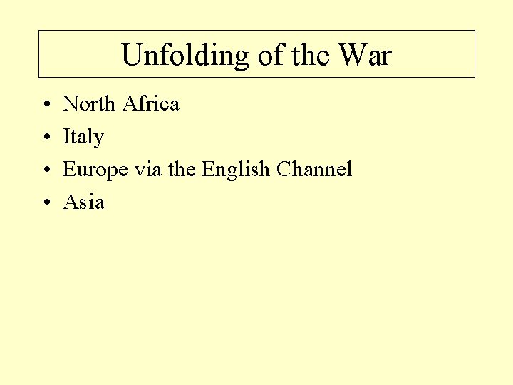 Unfolding of the War • • North Africa Italy Europe via the English Channel