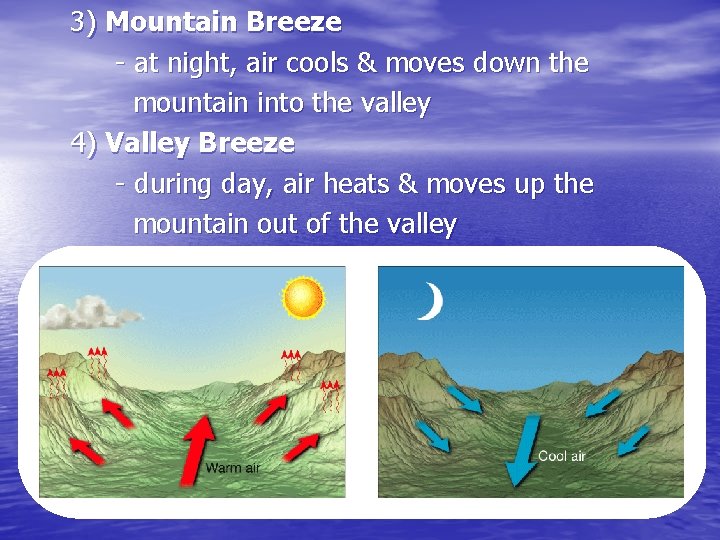 3) Mountain Breeze - at night, air cools & moves down the mountain into