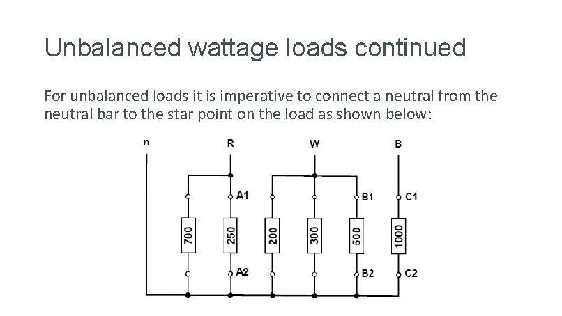 Unbalanced wattage loads continued For unbalanced loads it is imperative to connect a neutral