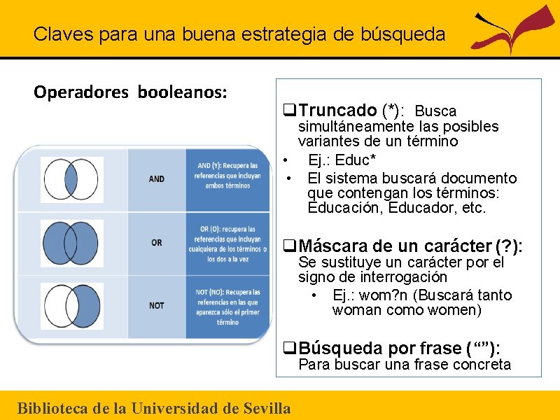 Claves para una buena estrategia de búsqueda Operadores booleanos: q. Truncado (*): Busca simultáneamente