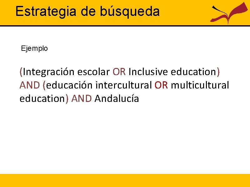 Estrategia de búsqueda Ejemplo (Integración escolar OR Inclusive education) AND (educación intercultural OR multicultural
